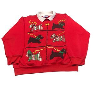 Vintage Karen Blake Collar Sweatshirt Large Scottie Dog Red Christmas Grannycore